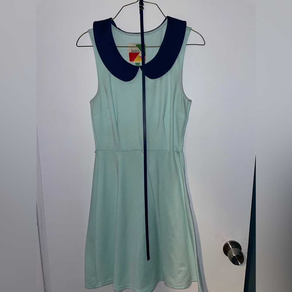 Mint green dress with blue Peter Pan collar and belt